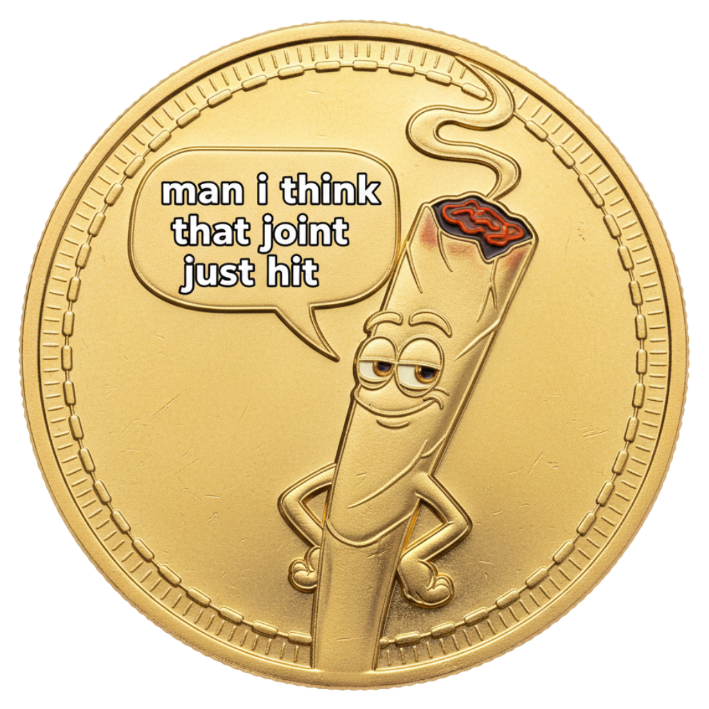 Stony Mascot - Gold coin with joint saying 'man i think that joint just hit'